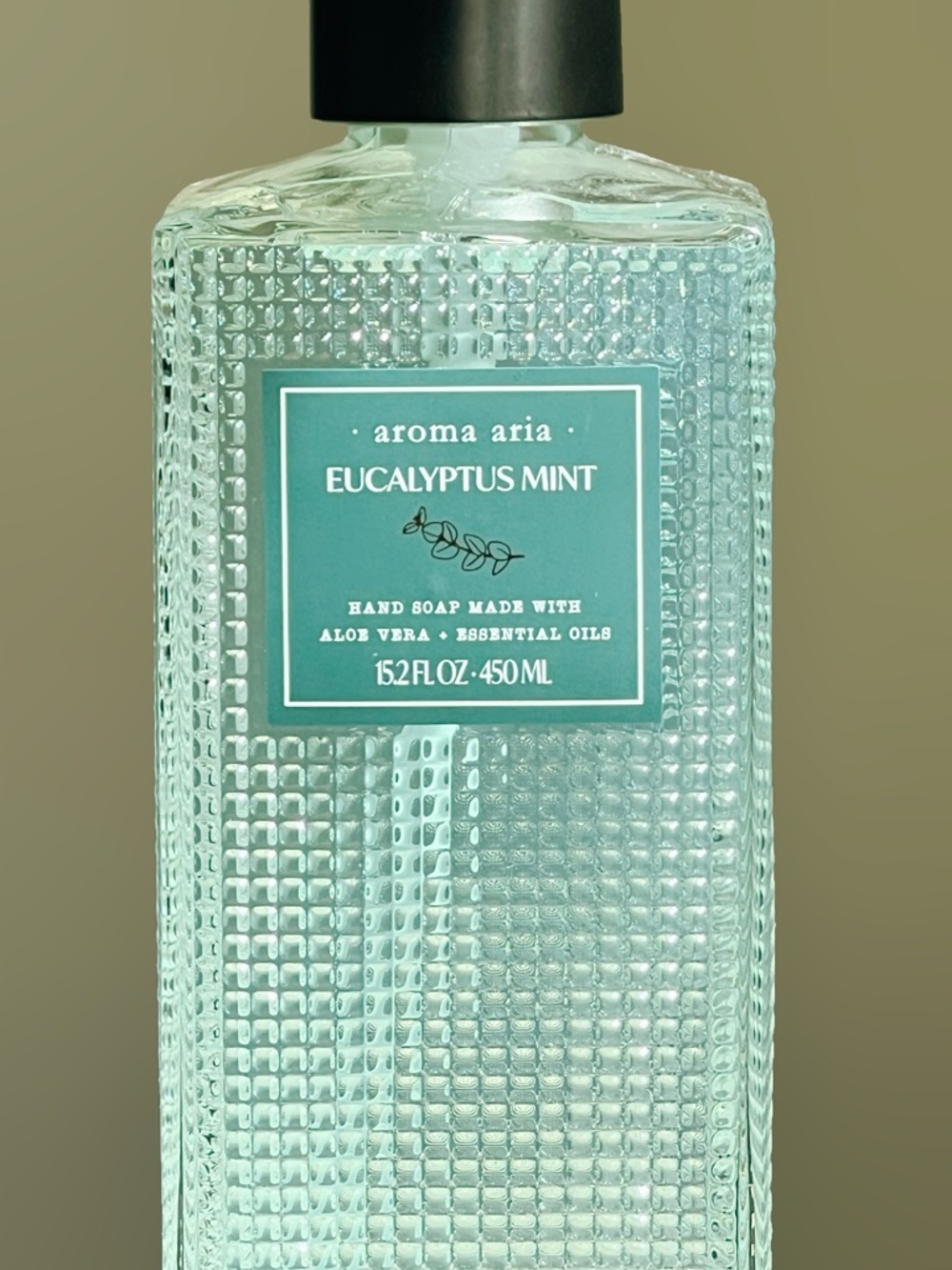 NEW Aroma Aria Eucalyptus Mint Hand Wash / Soap Glass Bottle Black Pump 15.2 OZ - Picture 2 of 7